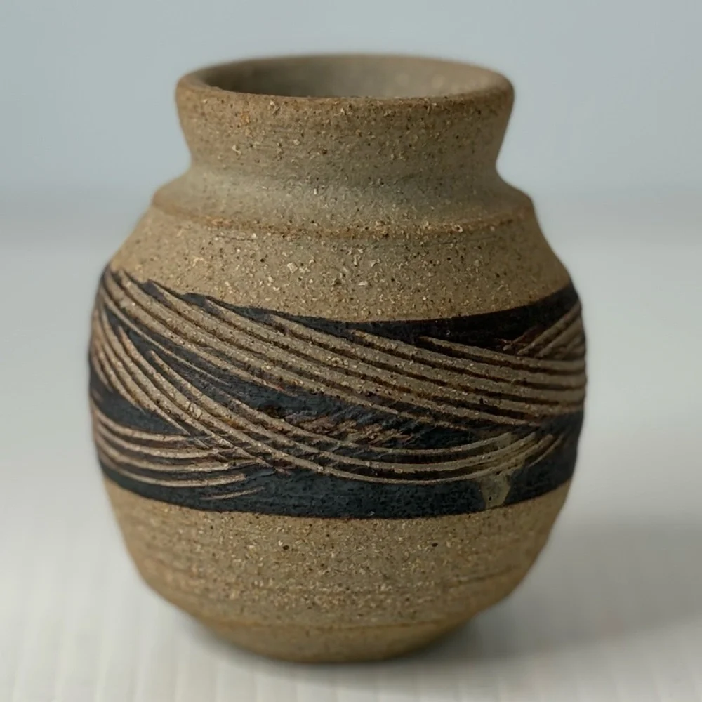 Handmade Studio Art Pottery Vase Vessel Sand Texture Etched Design Artist Signed